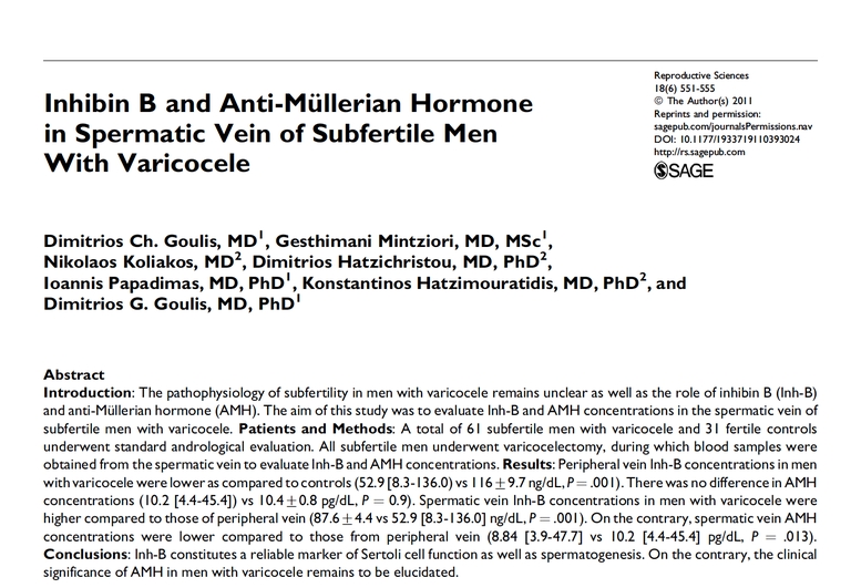 1. Inhibin Β and Anti Mullerian Hormone in Spermatic Vein of Subfertile Men With Varicocele